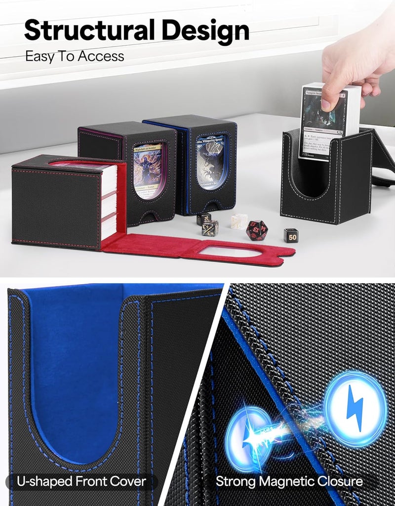 banloga Card Deck Box for MTG Commander, Card Case Holds 100+ Double-Sleeved Cards, Magic Card Box Fits for TCG/PTCG/CCG Card with 2 Dividers (Black&Blue) - Image 4